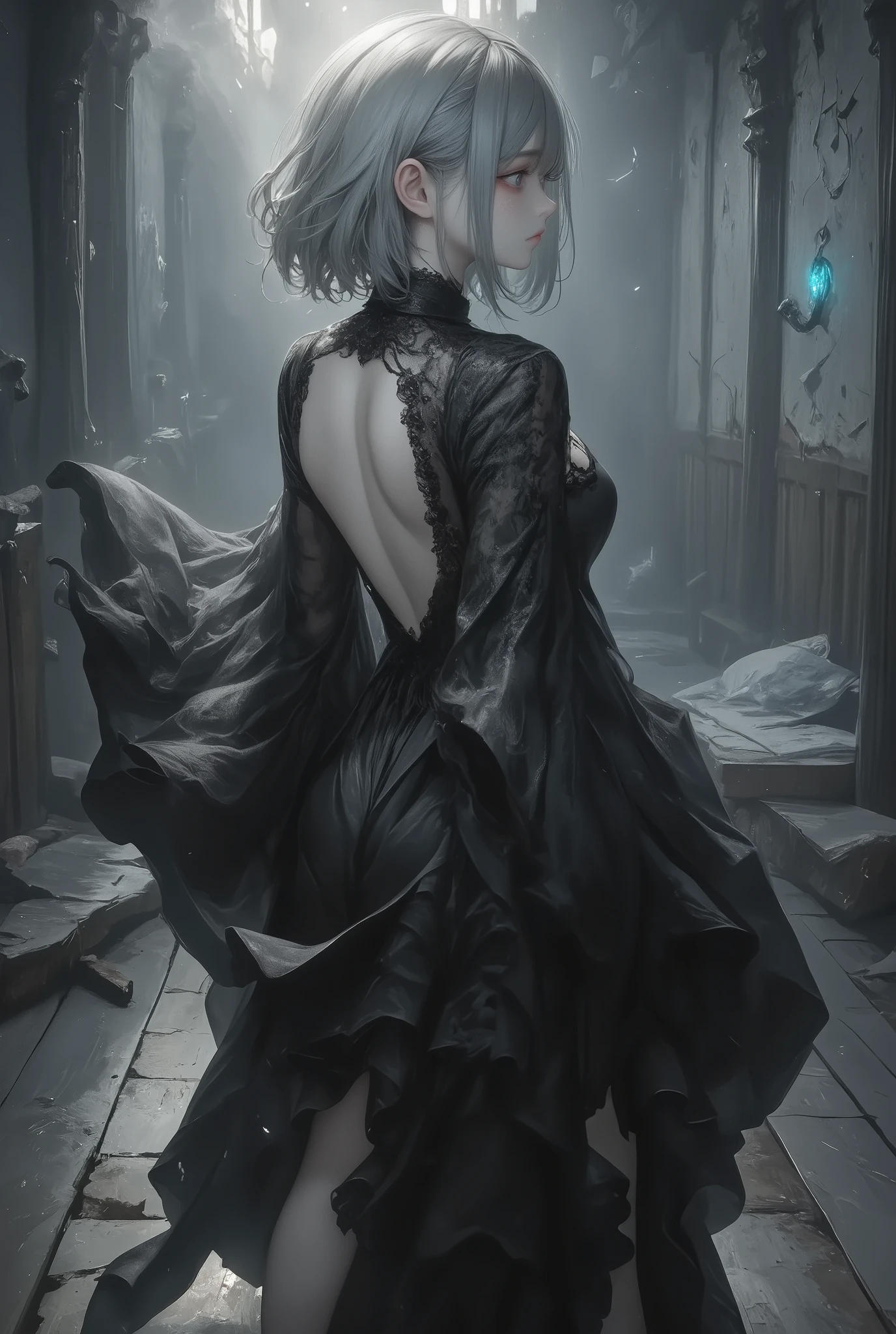 masterpiece, best quality, 8k, highres, ultra-detailed, HDR, UHD, ultra-fine painting,naked girl,fullbody,silver hair,side pony tail hair,girl close up,dark gothic, glowing dark eyes, black dress flowing,faint mist surrounding her, ominous and unsettling, abandoned hospital, cracked walls and floor, broken bed, debris scattered on the ground, dim lighting, eerie atmosphere,  soft light casting shadows, dark gothic and mysterious mood, horror theme, supernatural presence