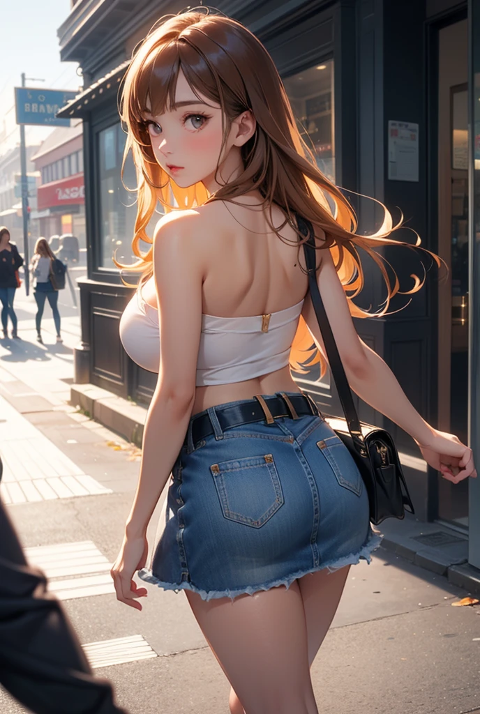 ((Extreme exposure))(High-definition image quality)極Realistic skin texture、High definition face(brown、Very long straight hair、Hair behind the ear、Beautiful moist brown hair、Smooth Hair)((Bright smile、Embarrassed expression))、Gaze(sexyな25歳の女の子、Idol Makeup、Eyeliner)(Fair skin)(Sparkling eyes)Smooth Skin、Realistic skin texture ((White off-shoulder、Short length、Cleavage、Super big boobs)) ((Extremely short denim miniskirt、damage、Super tight、small、Ultra low rise))))A well-proportioned and perfect body、Beautiful armpits、On the position of the chest、Round big breasts、Beautiful valley、Ultra-thin waist、Waistline、Long legs、Glitter High Heels((((Shopping Centre、Take the escalator、Backwards))))(((((sexy、Medium full shot from below and behind))))))View angle from below