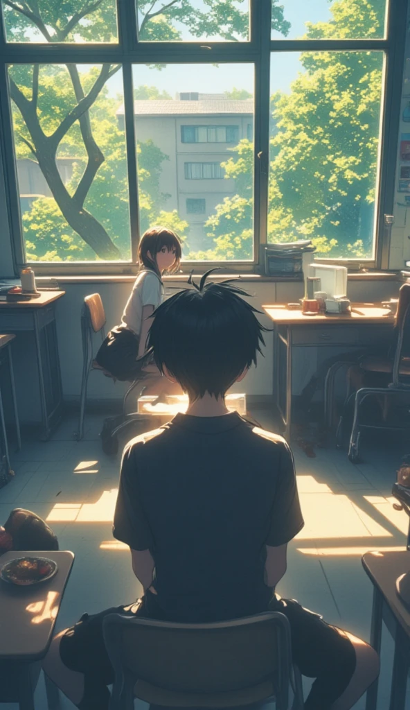   Rear View 、  school classroom、Lunch Break、(((  Rear View 、遠くから女の子を見つめる back view of a boy :1.5、 back view of a boy )))、Classmate girl sitting by the window  、(((  Girl looking out of the window  :1.7)))、Girl holding a cane 、(((遠くからその女の子を見つめる back view of a boy :1.5、 back view of a boy )))、