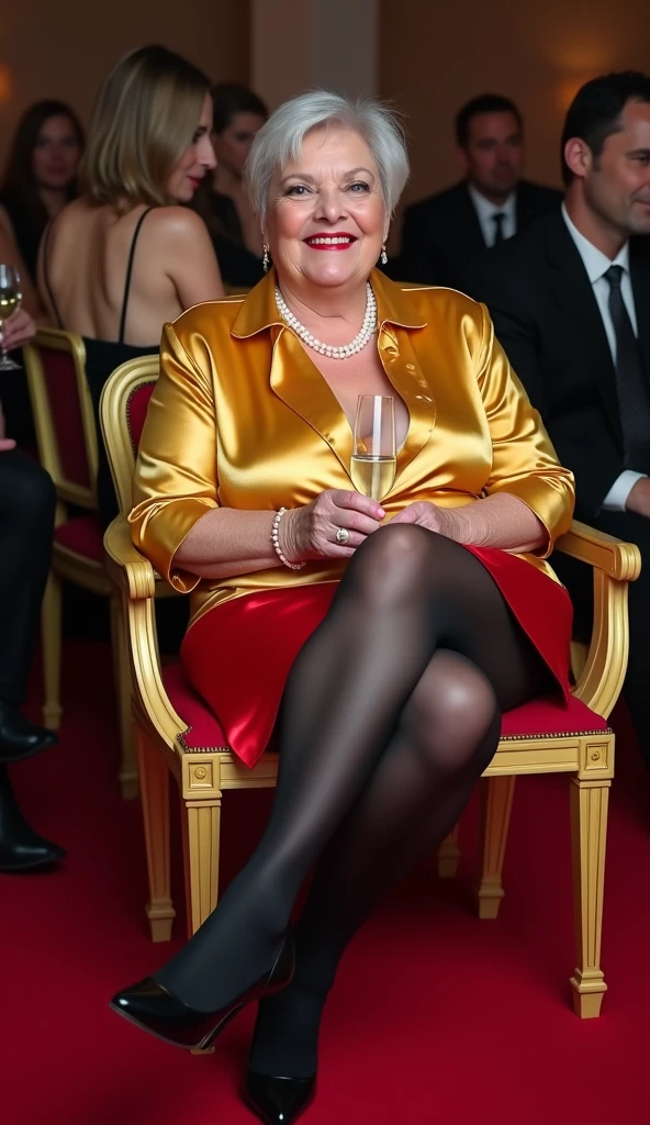 (gorgeous queen elizabeth 80yo ), (huge saggy breast:1.6),  (dressed for a party with elegant white chiffon shirt:1.4), (black skirt), (sitting on sofa), lipsticks