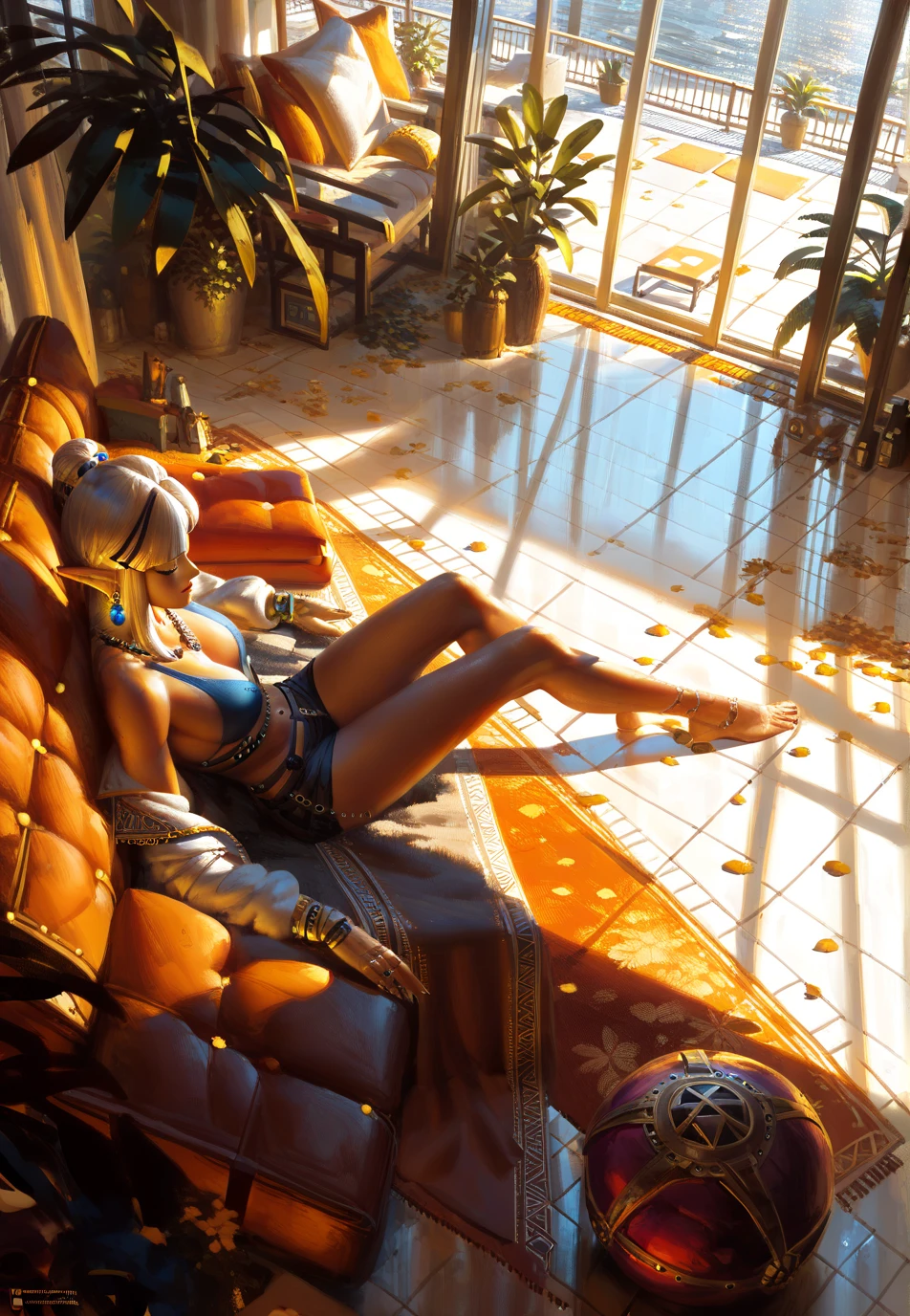  ,Fit to resolution,sce to size,full image,GUWEIZ ARTWORK , ,  oc charecter (mix of Zelda and Peach)nsfw version, beautiful, couch ,relaxing, coolest artwork, top view ,Window view of outside,sunlight through window 