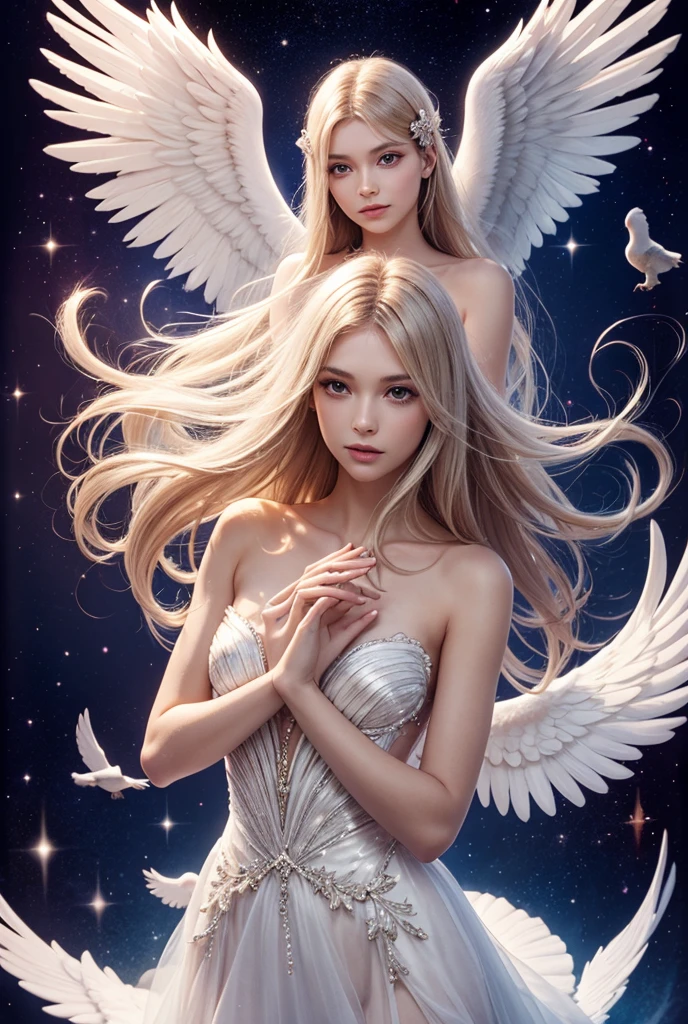beautiful angel, large white wings, blonde hair and blue eyes wearing a short see through white dress, face with soft features, fully focused, 8K, large eyes, fantasy art, full body, nearly nude, masterpiece, top quality, 8K, real person, realistic, very dense CG, shiny skin, fully focused, heaven, divine glory, radiant, angel, blessing, happiness,