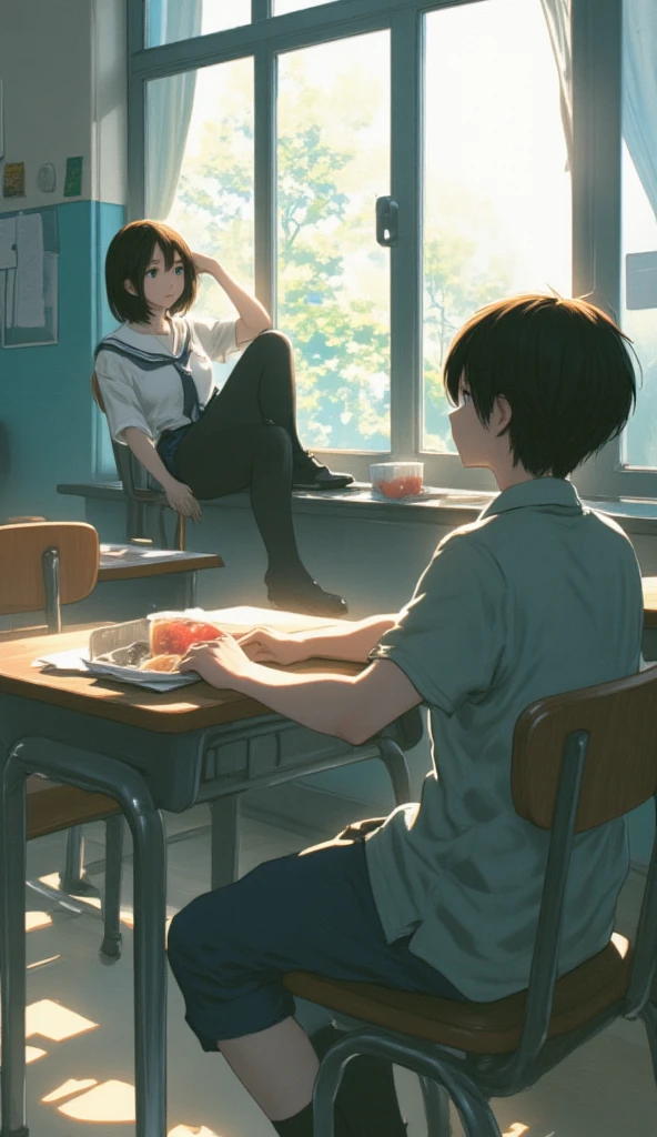   Rear View 、  school classroom、Lunch Break、(((  Rear View 、遠くから女の子を見つめる back view of a boy :1.5、 back view of a boy )))、Classmate girl sitting by the window  、(((  Girl looking out of the window  :1.7)))、Girl holding a cane 、(((遠くからその女の子を見つめる back view of a boy :1.5、 back view of a boy )))、