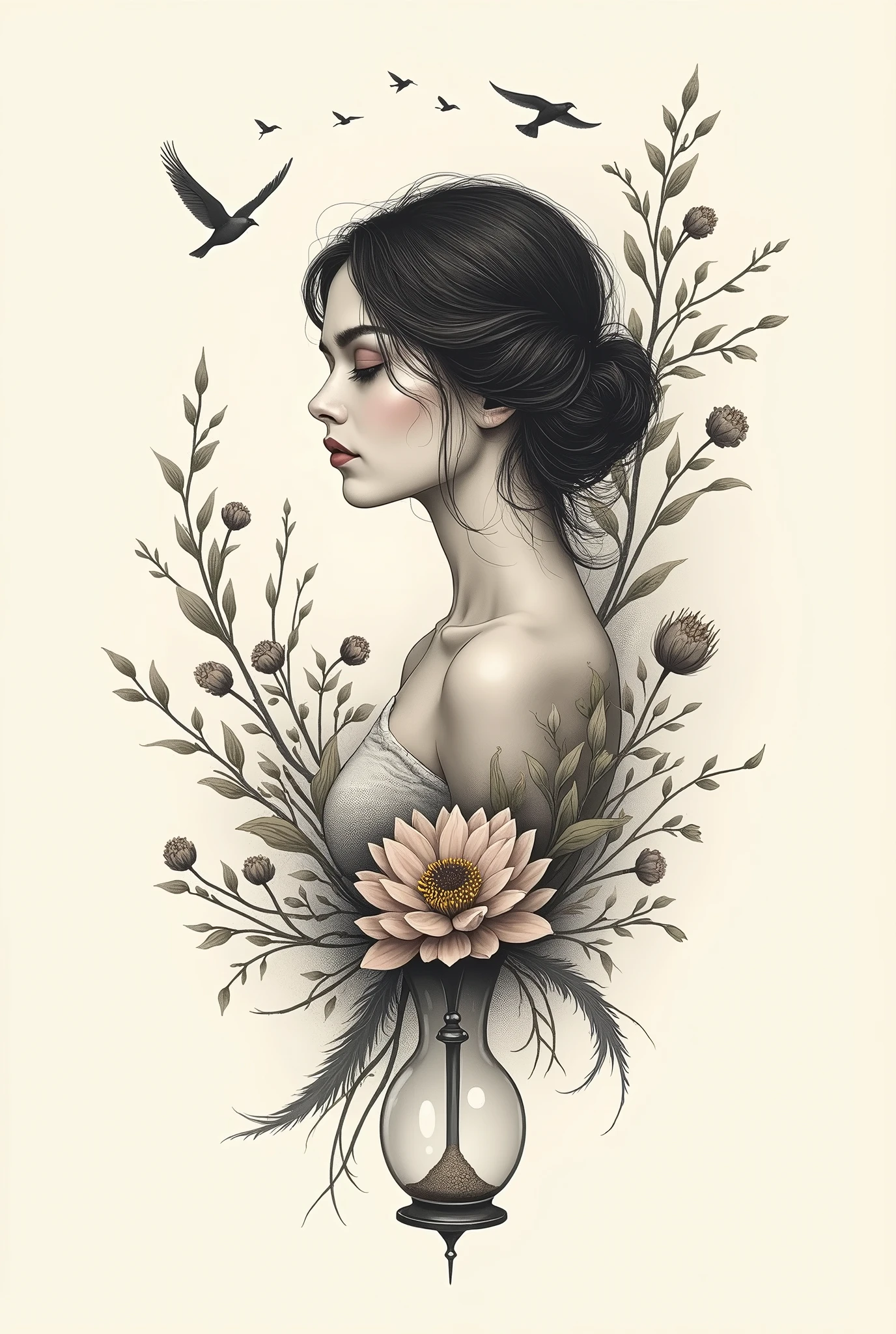 a woman with a hat and a rose tattoo design, arte vetorial em branco, background preto, Goddess Venus. detalhes extremamente altos, art deco flower shaman, full art illustration, a beautiful artwork illustration, White and yellow sketch colors, fundo preto, Goddess Venus, no estilo da arte da fantasia sombria, inspirado em Joe Fenton