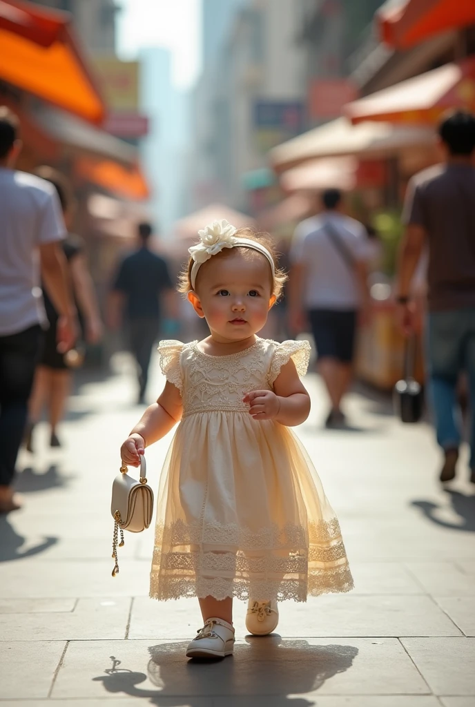 A 9--old l with golden hair and a pink dress - standing and crying - in the street