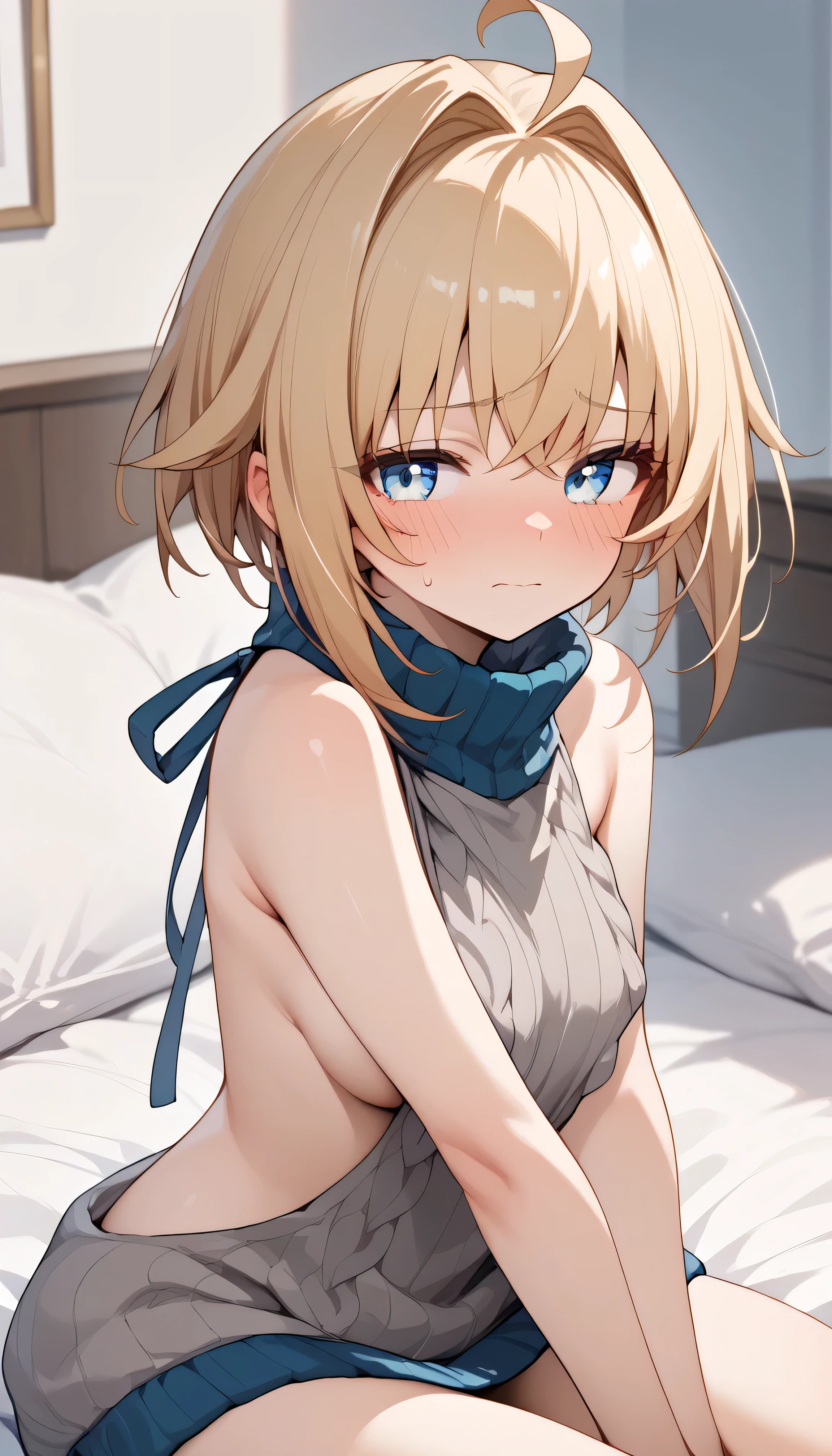 smooth_anime,  lynxlandau , Alone, blonde hair, short hair, ahoge, blue eyes,　virgin killer sweater　Embarrassed　 Embarrassing 　half closed eyes　blush　 bed