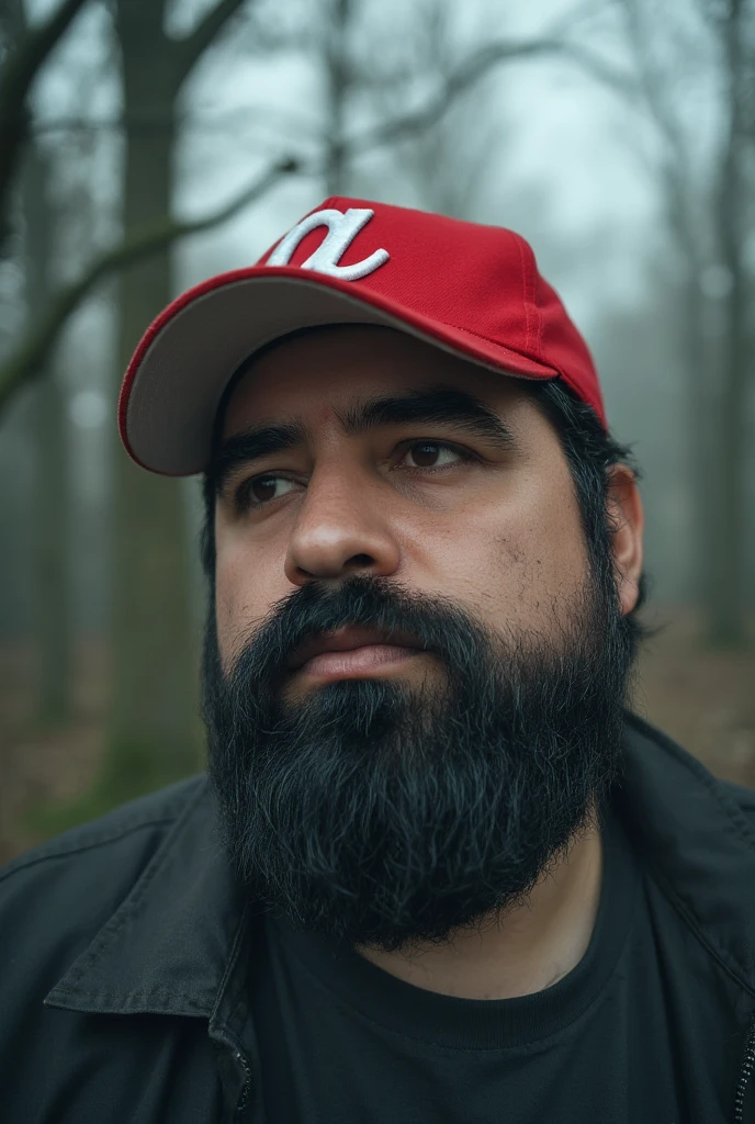  A farther top view of a 38-year-old man with a rough but refined appearance .  He wears a perfectly outlined beard that highlights the symmetry of his face ,  complemented by a carefully arranged thick mustache .  His complexion is slim but athletic ,  with defined muscles that highlight his stylized figure .  His skin is clean and free of tattoos , , which highlights the natural contours of his physique .  He wears a red cap with a letter  "a" on the front, slightly tilted,  adding a modern touch to his style .  His dark hair ,  Short and slightly messy ,  completes his casual but clean appearance .

 the camera is farther away ,  capturing his full torso and the upper part of his pants .  The background maintains a terrifying environment :  a dark landscape with twisted trees , bare branches that look like claws ,  and a thick haze that envelops the scene .  The faint and gloomy light illuminates ghostly figures and disturbing shadows that are insinuated between the trees.  This frame broadens the perspective ,  highlighting both its modern style and the atmosphere sinister that surrounds him ,  creating an even more striking atmosphere .