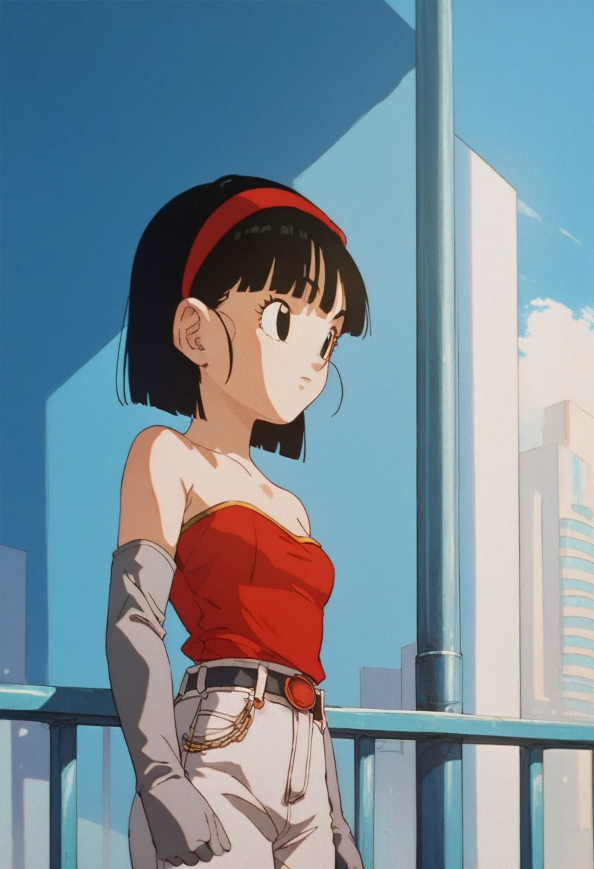 masterpiece, pan, red hairband, a strapless red leather dress, shirt red ,white jeans, grey elbow gloves, bare shoulder, city, sunlight, blue sky, medium breast,black hair,black eyes