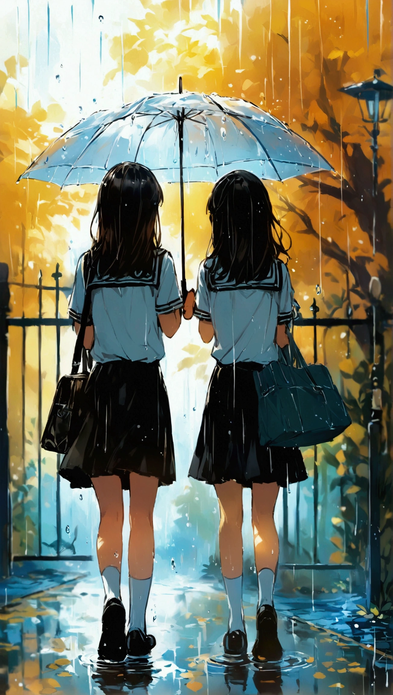 (masterpiece、 High Quality 、 high image quality、4K、8k、 Details、）Rainy Day、 romantic and gentle scene where two cute high school students share an umbrella。 boys wear 、 holding an umbrella with one hand while leaning slightly towards the girl so it doesn't rain。 his cheeks are slightly red 、 smiles shyly。Girls wear 、 looking up at the boy in the umbrella while blushing slightly 。 Her hands are tense and holding her bag tightly 。 raindrops fall gently 、 soft ripples spreading through the surrounding puddles 。 There are rain-soaked school gates and roads in the background 、 the reflection of an umbrella and two people are visible on the ground 。 in a delicate anime style with soft light and a warm atmosphere Illustration 。
