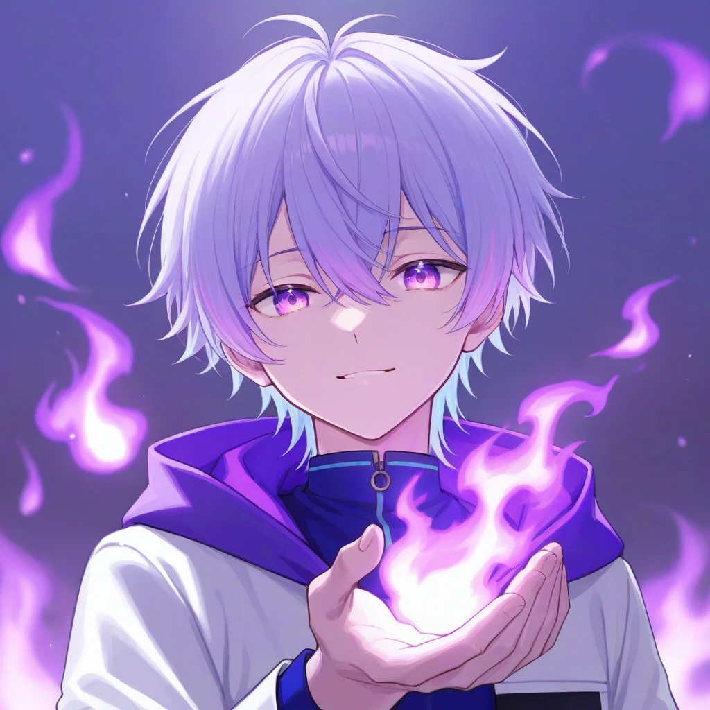 an 18 year old male with light violet hair
wearing a high collar blue shirt and white jacket with a purple hood shooting purple flames from his hands at a curse