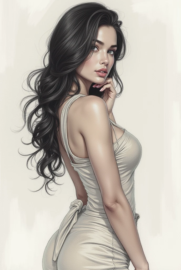 Draw a girl in comic book style, she has long black hair, pale skin black eyes, big boobies, big-ass, Waist slender, is extremely beautiful , draw her with clothes that cover more of her body, your skin should be pale, draw her with a dress, your eyes have to be black and your skin pale