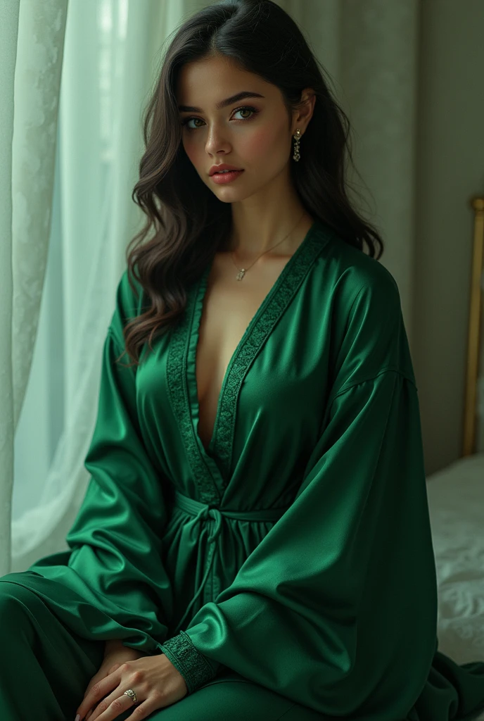 (Realistic:1.2), Ultra detailed, Gorgeous teenager with brown hair, sitting on the sofa, en robe en large  velours vert, aux gros  seins pleins nus, bare shoulders, petites taches de rousseur, ambiance intimiste, look Attractive,  mignonne et sexy, Posant, (elle écoute dans le silence retentissant, tilting your head slightly to the side), appartements sombres,  Evening light,  backlight, rougir, taquinerie, Attractive. very stylized. profondeur de champ, effet bokeh, backlit, elegant, elegant, Stunning, visuellement riche, chef-d&#39;artwork, photo de tout le corps.