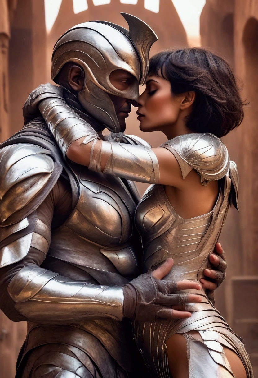 A cybernetic soldier having sex with a humanoid soldier on a destroyed planet 