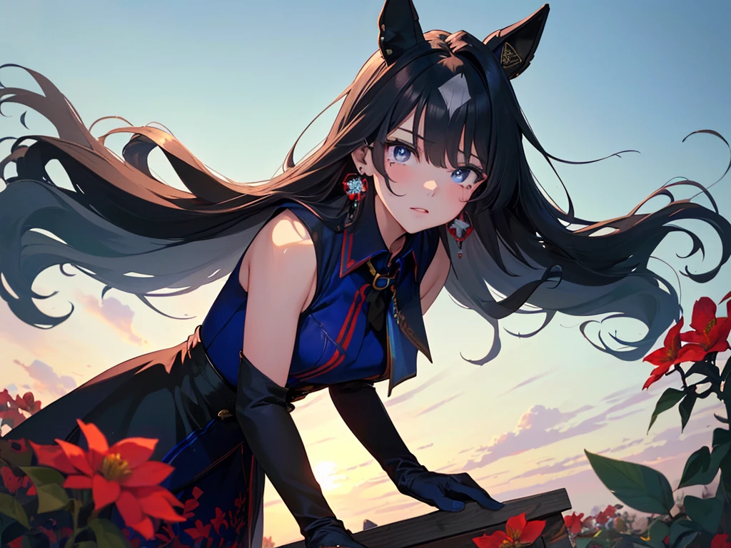 (solo:2), (girl, human ears:2), (leaning forward to accentuate upper body:2), (gentle gaze:2), (long black hair:2), (teardrop-shaped earrings:2), (gorgeous blue high-necked collared dress, opera gloves:2), (surrounded by lots of red flowers:2), (sunset sky, sunset, evening sun, twilight, strong wind), (((high resolution, masterpiece, accurate, anatomically correct, multiple awards, top quality, detailed, high quality, extremely detailed, ultra high resolution))).