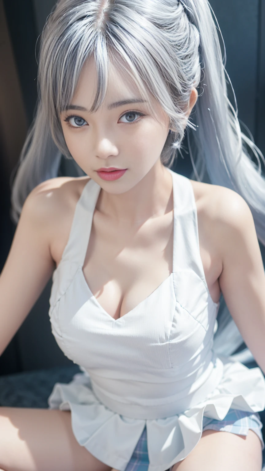  close-up of a woman wearing a white vest and skirt,  pale porcelain skin , fair,  Skin Is Smooth and Clear , 的 anime cartoon girl ,  beautiful anime woman , Surreal Sweetness , White hair color， High Ponytail Colorful Eyes ，Pale porcelain white skin,  Smooth and Realistic Perfect Body ,  anime cartoon girl  , Realistic shadows perfect body , masterpiece by Gwitz 