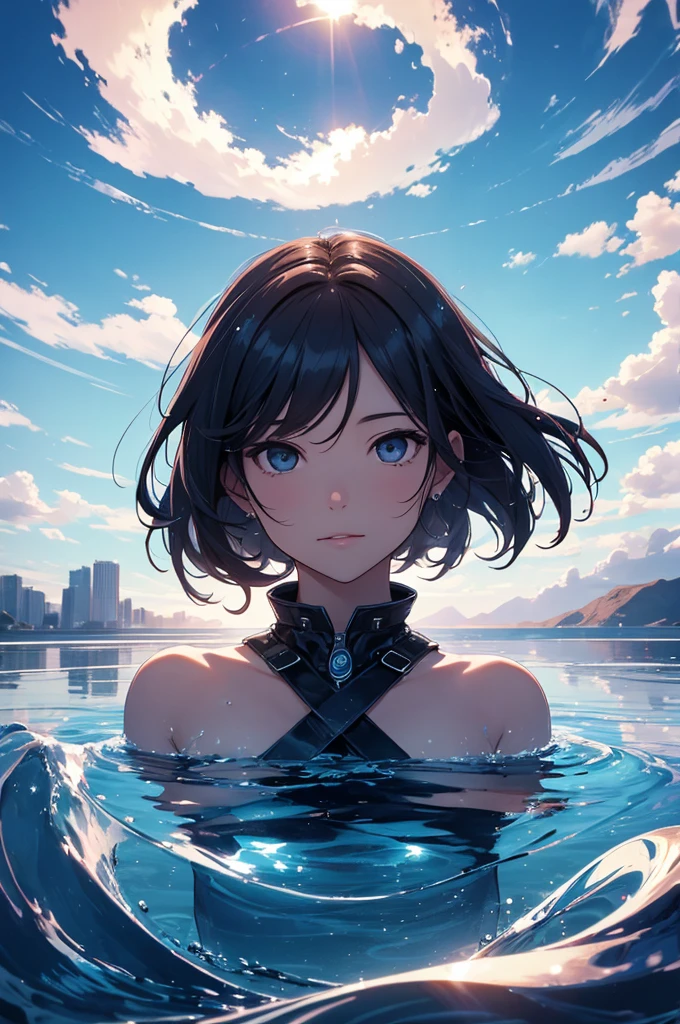 masterpiece, The need for goodness, 1 person, Adult, Mature Woman, Tall muscular man, Dark Theme, Magic array, bubble, Rainbow sunshine, In the water, mirror, Floating Glass Sheet, Rainbow Light, bubbleスワール, Whirlpool of the wind, Aurora, Fantasy Landscape, Starlight around the character, (Upper Body), Naked on Upper Body, Unicorn Tattoo