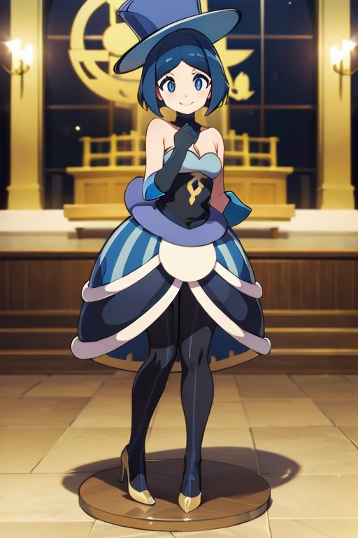 AAEVELYN,EYELASHES,BLUE EYES,BLUE HAIR,SHORT HAIR,MIDDLE PART,TOP HAT,DRESS,BLACK GLOVES,ELBOW GLOVES,BLACK PANTYHOSE,HIGH HEELS, 1girl, solo, upper body, facing viewer, looking at viewer, smile, full body , full body art , staue , standing on pedestal , pedestal , 1 girl , shrine , girl on pedestal