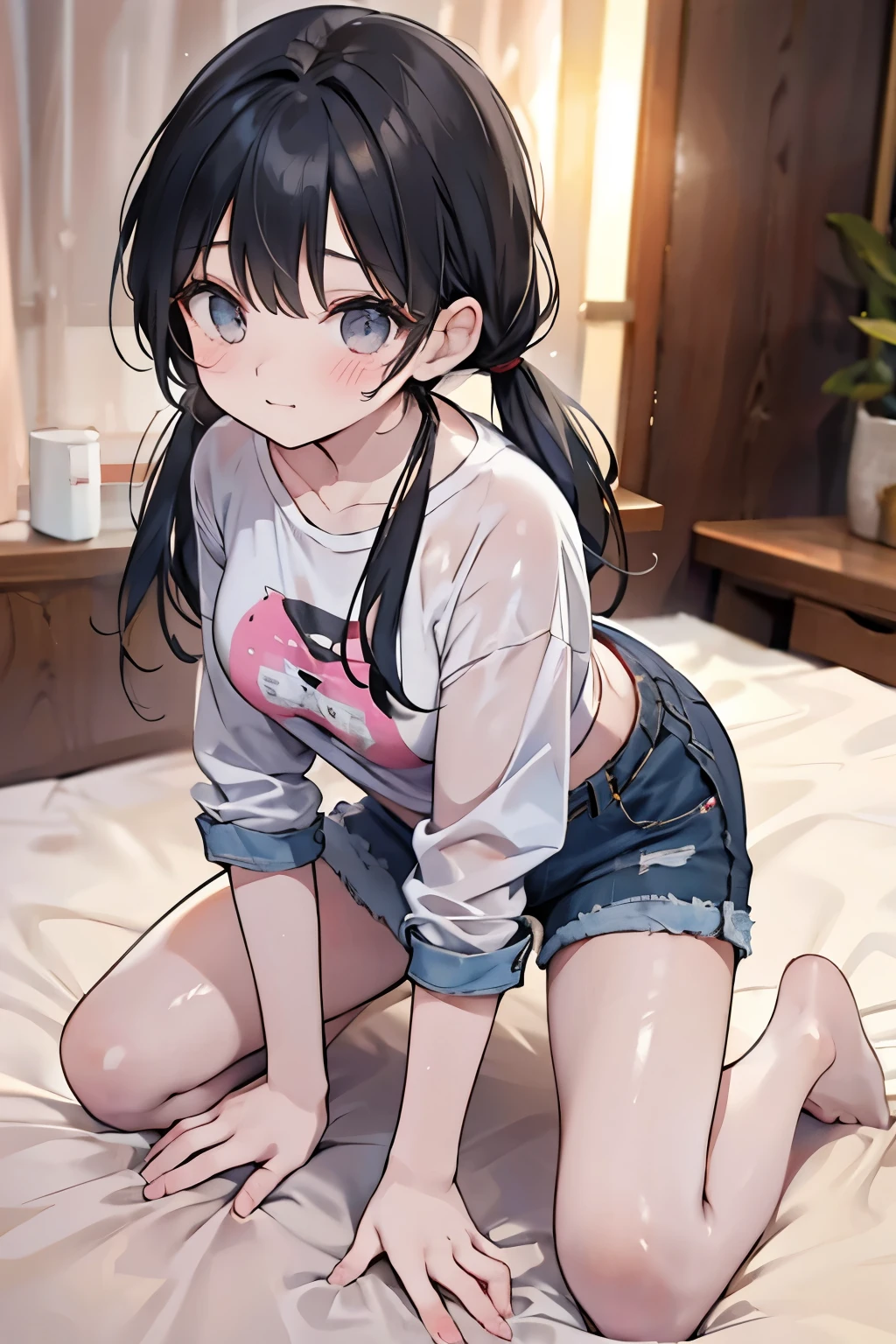  black hair　 Twin Tails 　 denim shorts 　 on the bed　 Sweaty　 excited 　whole body　 face down 　 female  　round face