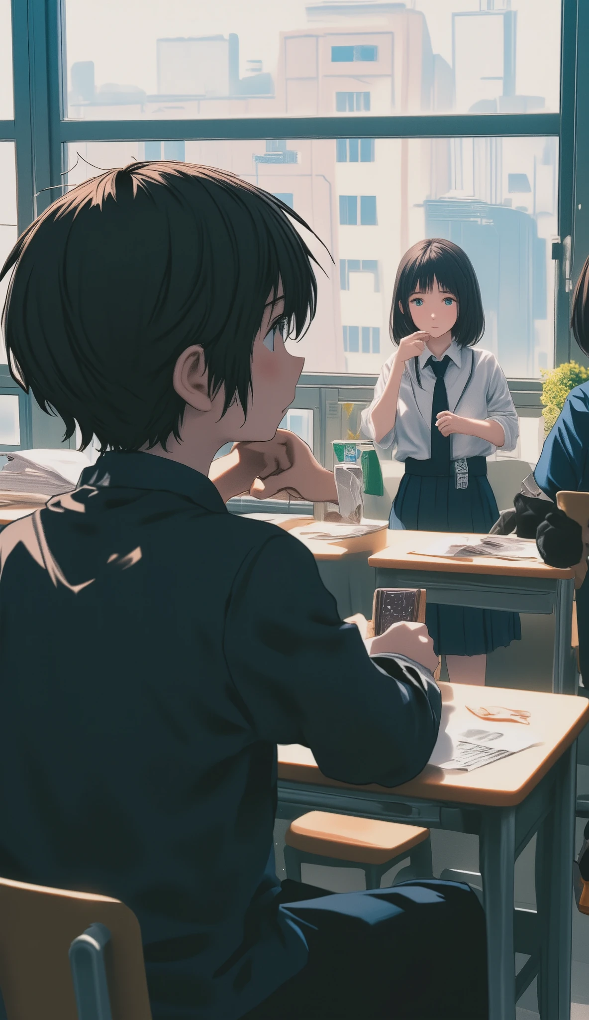   Rear View 、  school classroom、Lunch Break、(((  Rear View 、遠くから女の子を見つめる back view of a boy :1.5、 back view of a boy )))、Classmate girl sitting by the window  、(((  Girl looking out of the window  :1.7)))、Girl holding a cane 、(((遠くからその女の子を見つめる back view of a boy :1.5、 back view of a boy )))、