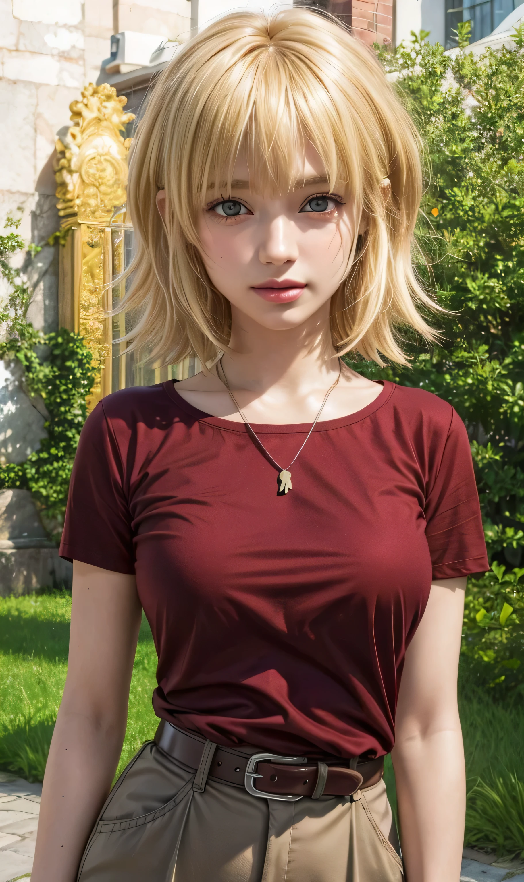 masterpiece, best quality, (realistic,photo-realistic:1.4), (RAW photo:1.2), extremely detailed CG unity 8k wallpaper, delicate and beautiful, amazing,finely detail, official art, absurdres, incredibly absurdres, huge filesize, ultra-detailed,extremely detailed eyes and face,light on face,cagalli,(little smile),(blonde hair:1.4),(short hair:1.4),(red t-shirt:1.5),nature background, blunt bangs,brown pants,belt,necklace