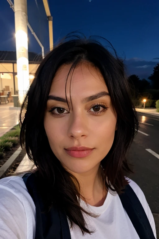 black dress, downtown, selfie, night time