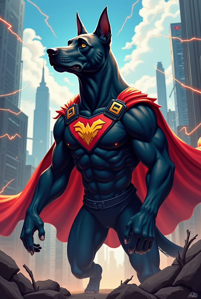 animalrizz a solo , pitbull dog, dynamic pose, masterpiece, absurdists, perfect anatomy, Superman uniform: 1.1, moderate hips, cinematic lighting, 8k, best quality, bust body, (((low contrast)))