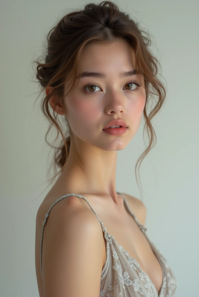 Highest quality, , Soft Light, Ultra-high resolution, (Realistic:1.4), RAW Photos, 1 Swedish girl, alone, Or a small face,Baby Face、 Sexy pose、Whole body(A shy smile:0.5), (Brown eyes, Light in your eyes), Beautiful face in every detail,(Updo),Swedish Dress(See-through)