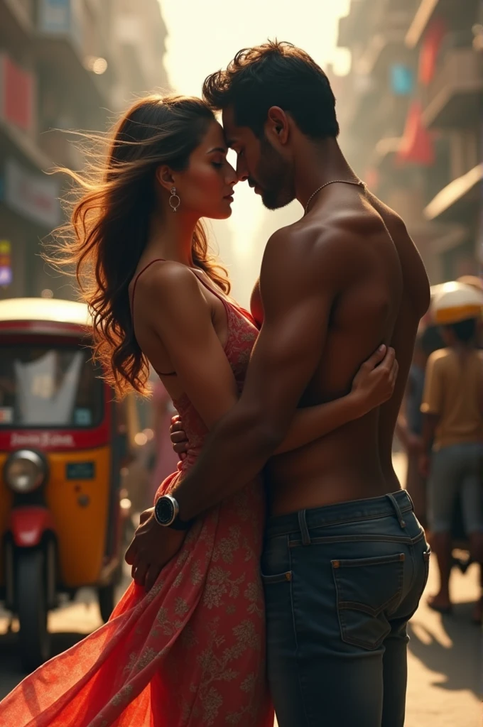 Beautiful young woman in a pink leotard being cradle carried a muscular handsome young high school football quarterback. Football player shirtless with abs carrying woman. Cheerleaders crowding around them behind.