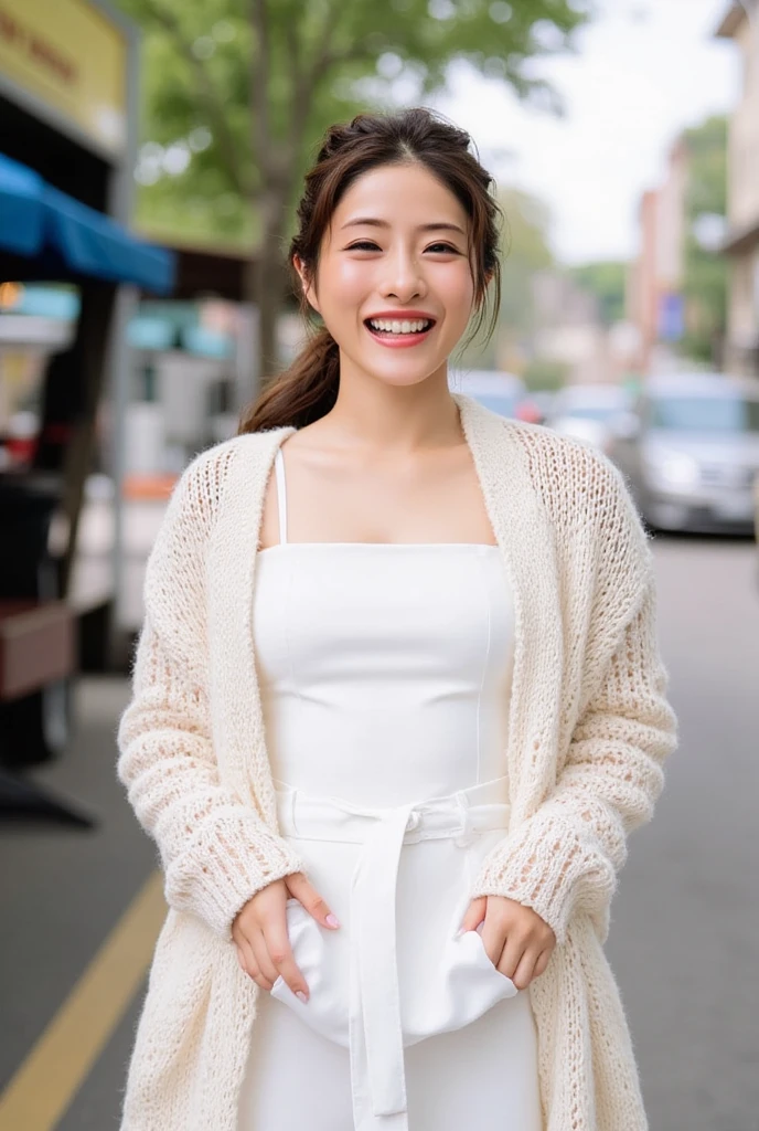 Summer street corner、 Embarrassing 、((casual white dress with cardigan:1.5))、Hair tied up、Hesitation、((28 years old))、( very detailedな肌)、( super high resolution :1.0)、( real:1.0)、( very detailed:1.0)、(8k、 RAW photos :1.1)、(Big Breasts)、Brown Hair、(One person:1.5)、 full body shot、 best smile