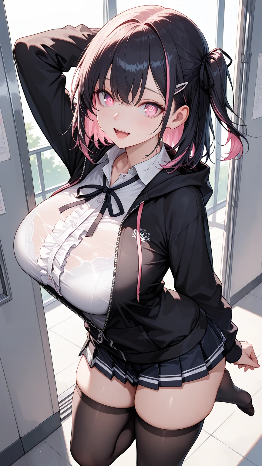 nsfw,（ultra detailed,  Masterpiece ,  top quality, 8k, very aesthetic, Realistic detailed CG ,  sharp concentration,  Ultra High Definition),  1 woman , (school uniform, frilled shirt, black hoodie with zipper and frills, frilled pleated skirt, and knee-high socks with frills, black ribbon, see-through, open clothes), (detailed beautiful eyes,  textured skin,  beautiful skin, big eyes, pink eyes:1.0, puppet:1.2), (Detailed and beautiful hair, medium hair, one side up, black hair, pink streaked hair, two-tone hair), (happy, open mouth,  viewers of the pin), (**li face:1.2, large breasts, wide hip, thick thighs, small:1.2), Captivating thighs, Skin with attention to detail, (class room), (shiny skin:1.3, Shy body:1.3), (full body), 