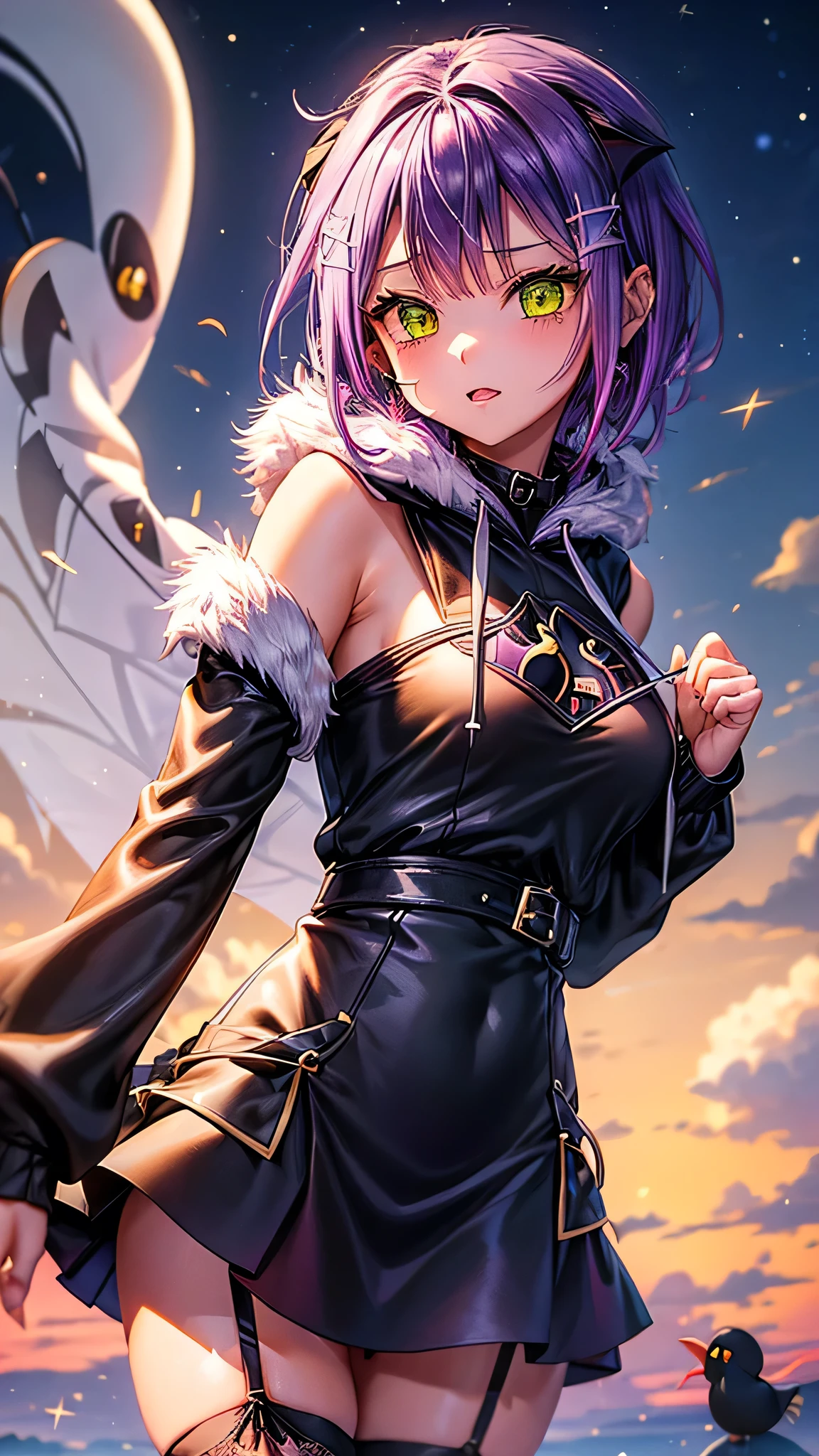 (highest quality)), ((masterpiece)), (Familiar), Perfect Face,Shiny skin,Beautiful breasts、Shiny skin、(((BLACK-purple Santa dress、mini skirt、garter、fish net tights、hoodie、fur jacket、)))、oil skin、Sweat、Off the shoulder、Double teeth 、short hair、Big Breasts、Embrace、winter、close、near、(((night)))、shooting STAR、FIRE、(((White unitard)))、(((Tokoyami Towa (Hololive). )))、