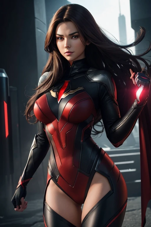 Waist up (perspective angle from bottom to top) super heroine hot girl (masterpiece), best quality, expressive eyes, perfect face, art in fantasy mythic action effect, sharp focus, wearing super detailed suit with mechanicles part & hero cape, cybersamurai, glowing, holding sword