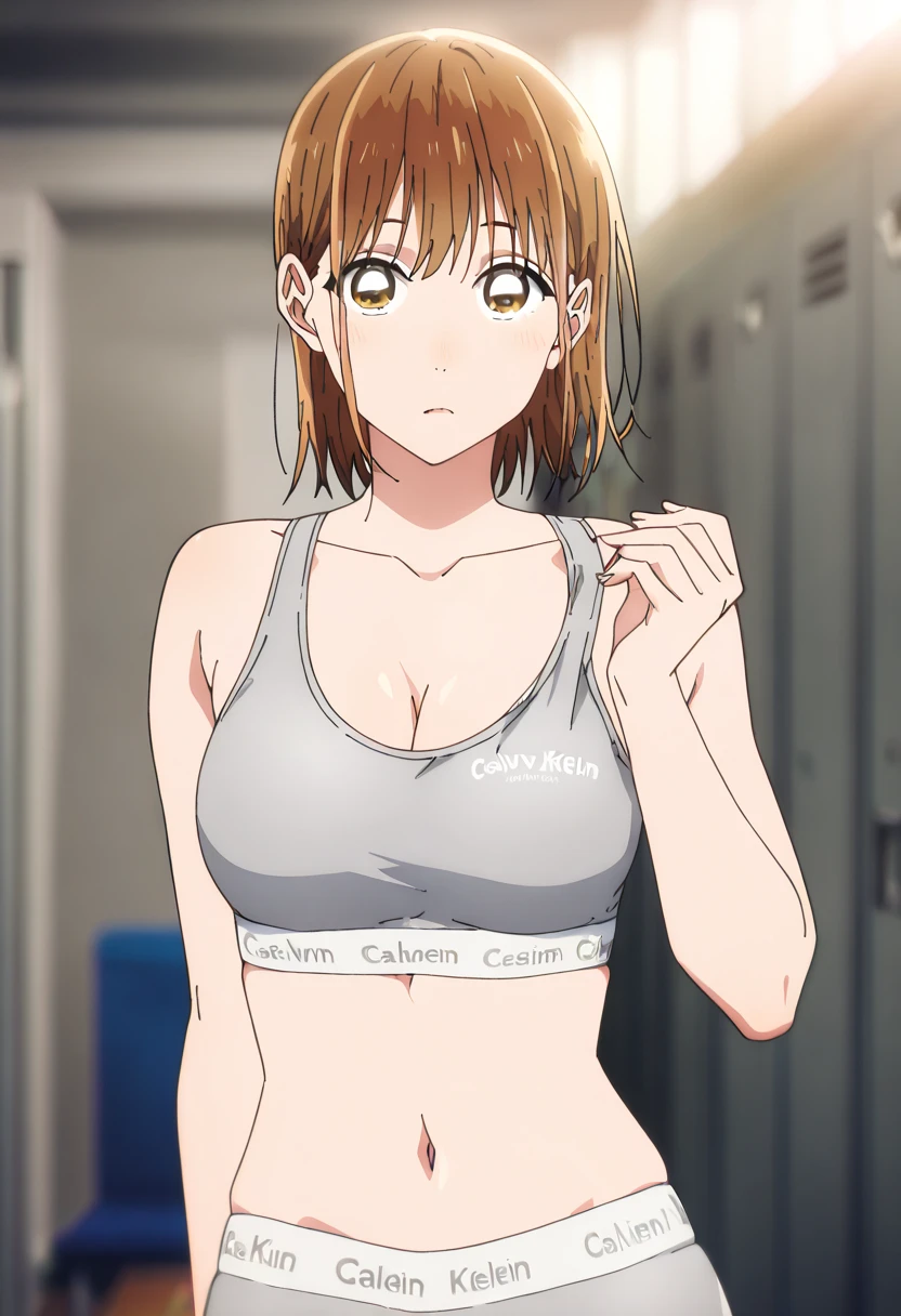  1 girl, Alone, Chinatsu,  Blurry Background,  brown eyes、 sports bra、Calvin klein、 spats、 cleavage、belly button、locker room、 locker、looking at viewer, masterpiece,  top quality,  great quality,   very aesthetic ,  absurd