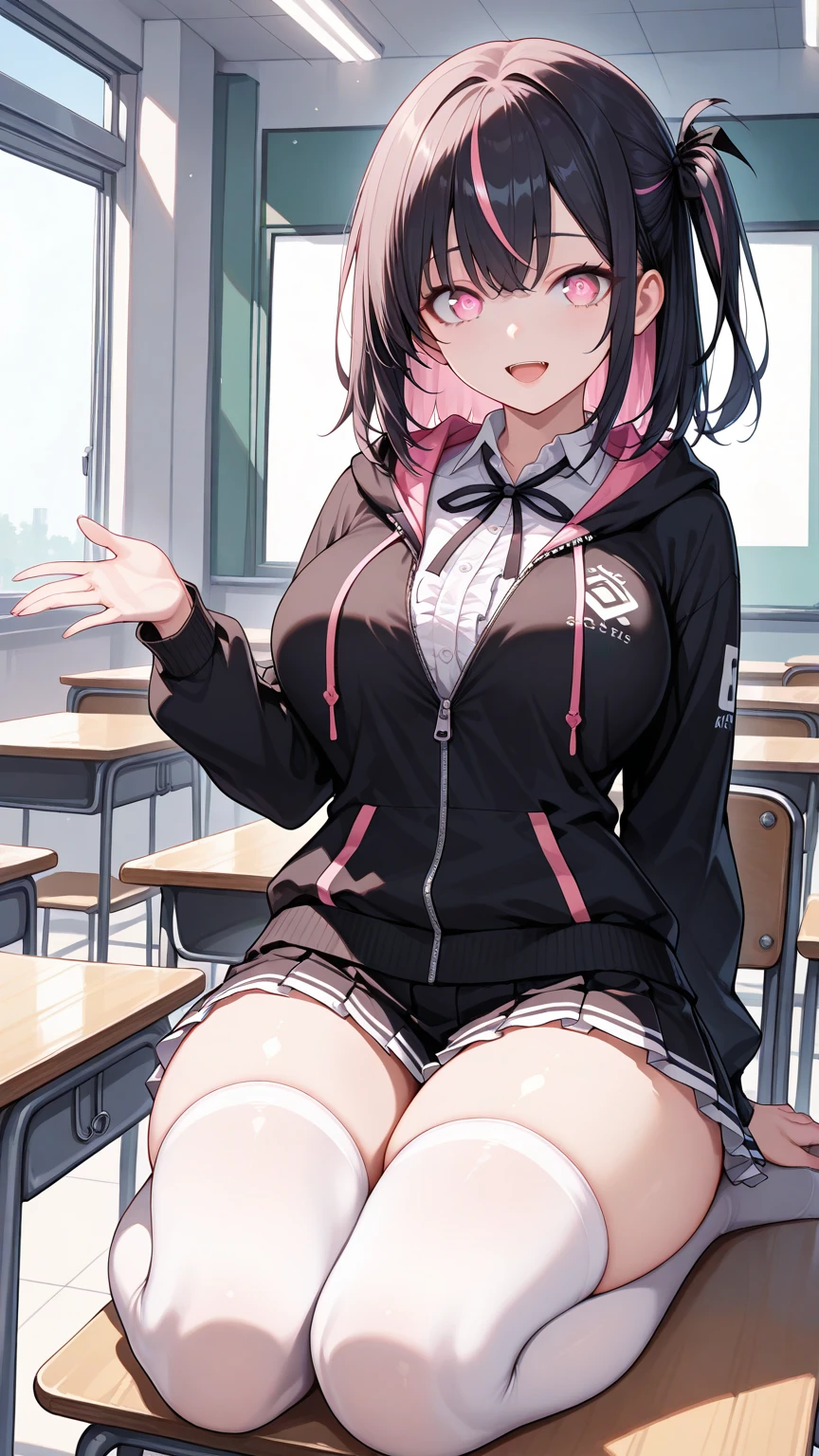 nsfw,（ultra detailed,  Masterpiece ,  top quality, 8k, very aesthetic, Realistic detailed CG ,  sharp concentration,  Ultra High Definition),  1 woman , (school uniform, frilled shirt, black hoodie with zipper and frills, frilled pleated skirt, and knee-high socks with frills, black ribbon, open clothes), (detailed beautiful eyes,  textured skin,  beautiful skin, big eyes, pink eyes:1.0, puppet:1.2), (Detailed and beautiful hair, medium hair, one side up, black hair, pink streaked hair, two-tone hair), (happy, open mouth,  viewers of the pin), (loli face:1.2, large breasts, wide hip, thick thighs, small:1.2), Captivating thighs, Skin with attention to detail, (class room), (shiny skin:1.3, Shy body:1.3), (full body), 