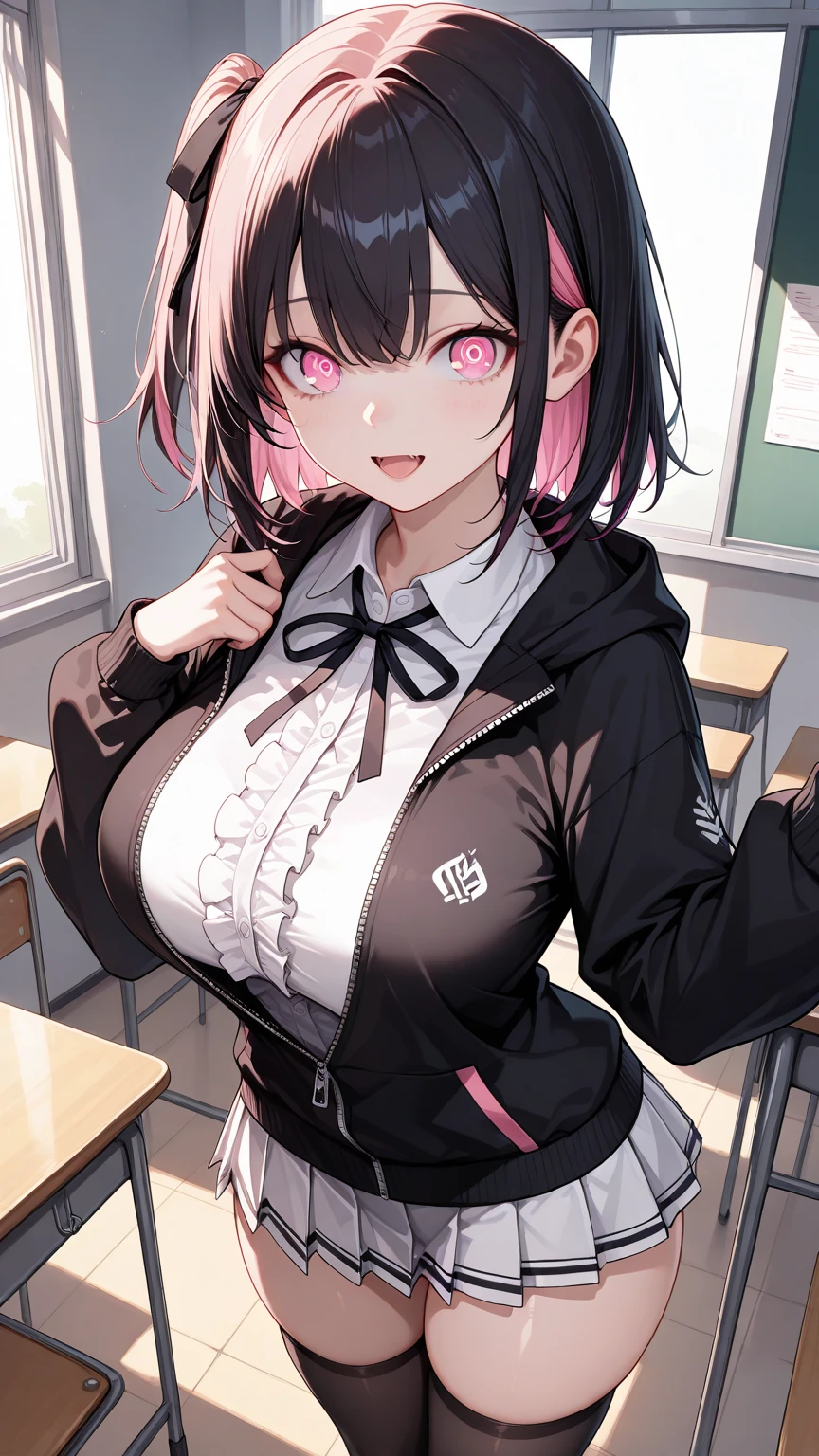 nsfw,（ultra detailed,  Masterpiece ,  top quality, 8k, very aesthetic, Realistic detailed CG ,  sharp concentration,  Ultra High Definition),  1 woman , (school uniform, frilled shirt, black hoodie with zipper and frills, frilled pleated skirt, and knee-high socks with frills, black ribbon, open clothes), (detailed beautiful eyes,  textured skin,  beautiful skin, big eyes, pink eyes:1.0, puppet:1.2), (Detailed and beautiful hair, medium hair, one side up, black hair, pink streaked hair, two-tone hair), (happy, open mouth,  viewers of the pin), (**li face:1.2, large breasts, wide hip, thick thighs, small:1.2), Captivating thighs, Skin with attention to detail, (class room), (shiny skin:1.3, Shy body:1.3), (full body), 