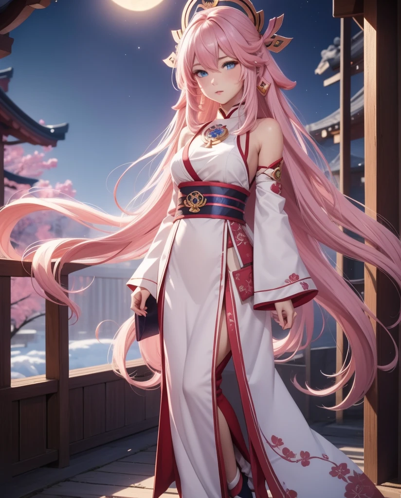    a beautiful girl,  pink fur ,   Blue eyes  ,     glowing eyes   , miko outfit japones, closed lips    ,    long hair,    high resolution ,  full body ,   wavy hair  , con un lunar en su teta 