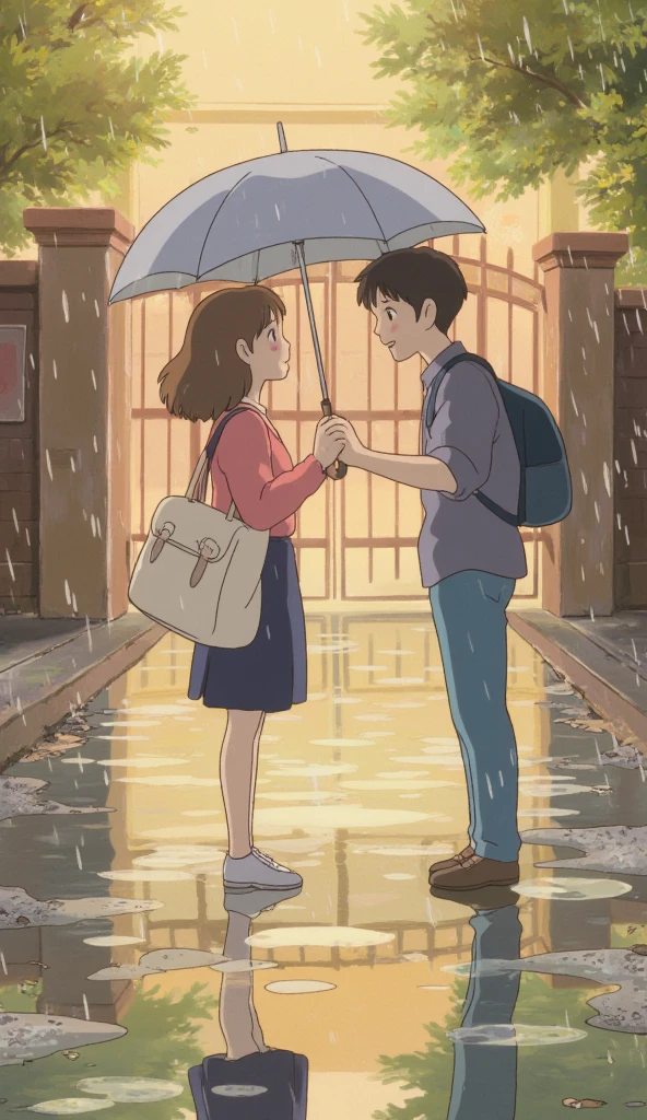 (masterpiece、 High Quality 、 high image quality、4K、8k、 Details）、Rainy Day、 Romantic and gentle scene where two high school students share an umbrella 。 boys wear 、 holding an umbrella with one hand while leaning slightly towards the girl so it doesn't rain。 his cheeks are slightly red 、 smiles shyly。Girls wear 、 looking up at the boy in the umbrella while blushing slightly 。 Her hands are tense and holding her bag tightly 。 raindrops fall gently 、 soft ripples spreading through the surrounding puddles 。 There are rain-soaked school gates and roads in the background 、 the reflection of an umbrella and two people are visible on the ground 。 in a delicate anime style with soft light and a warm atmosphere Illustration 。
