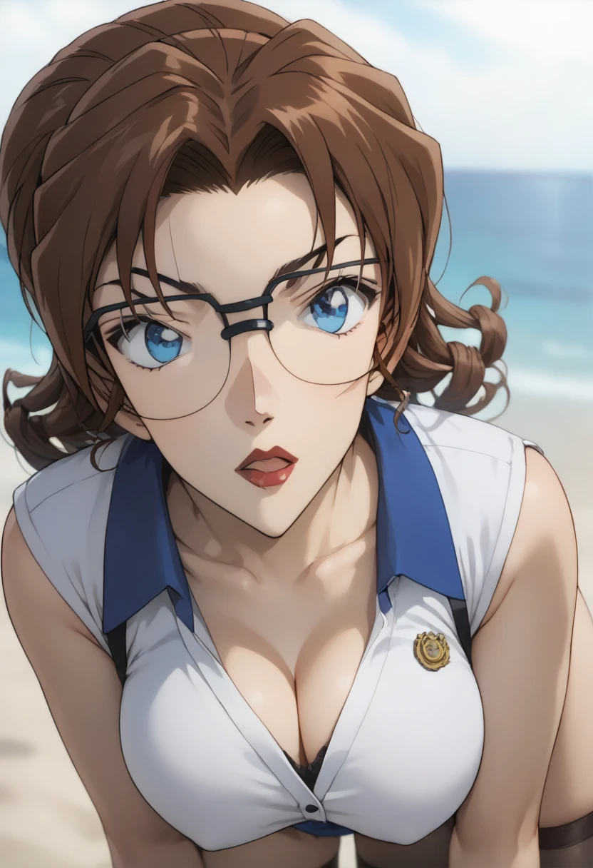 (( top quality )), (( Masterpiece)), (Familiar with),  perfect face, 1 girl,  Background Converter, sea, Big eyes, Detective Conan, Eri Kisaki,  brown hair , Hair Curls ,  blue eyes , Wear glasses, Big Breasts, White of the eye,  Sparkling Glitter, Black long stockings, kneel, Red lips