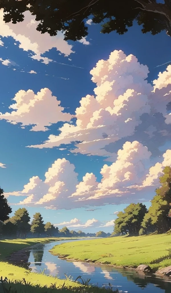 masterpiece,  anime style,  high definition ,  Natural Scenery, grassland,  Natural Scenery画, Beautiful blue sky, cloud, Wide sky, river, scenery, No_humans,