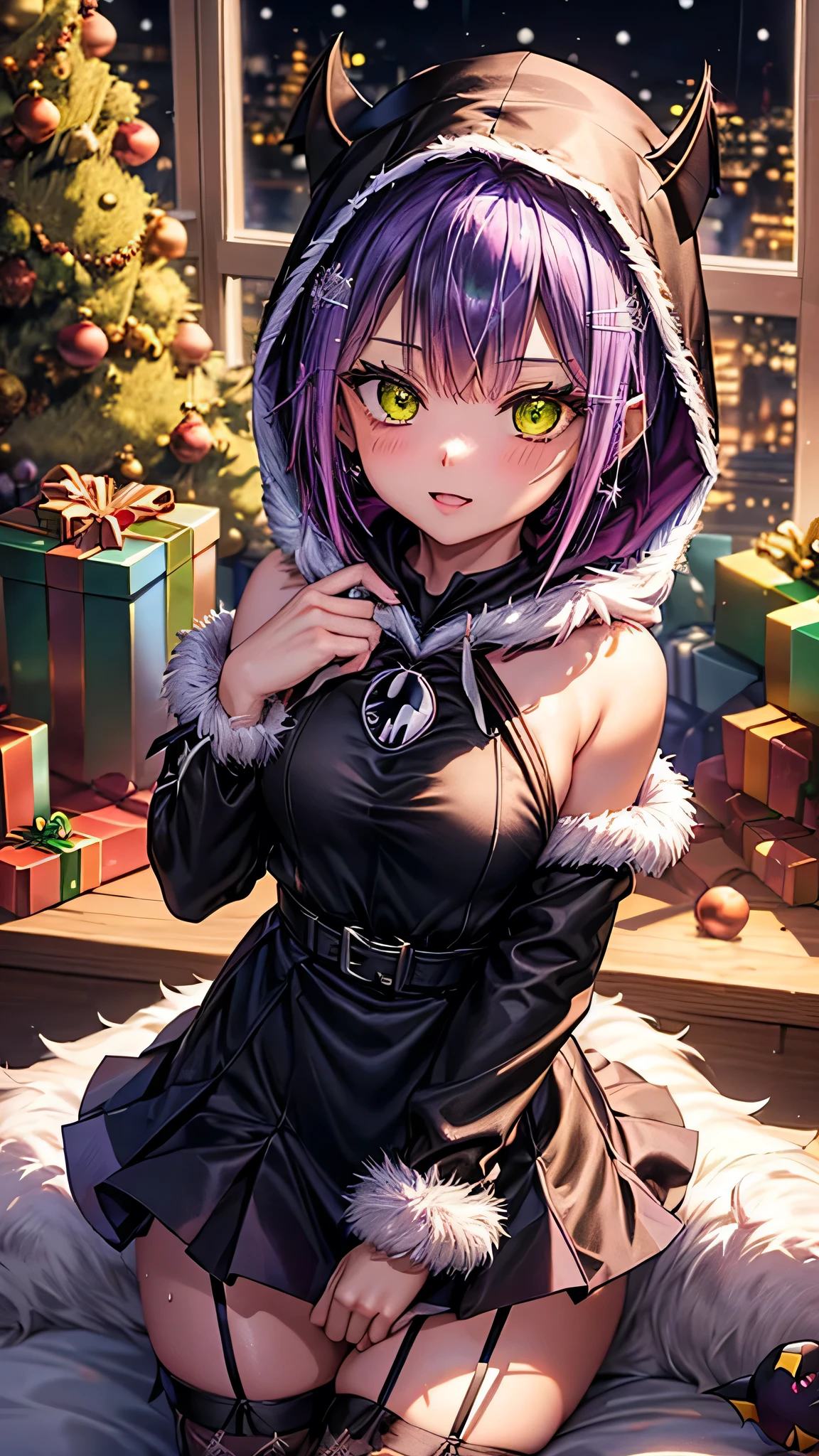 (highest quality)), ((masterpiece)), (Familiar), Perfect Face,Shiny skin,Beautiful breasts、Shiny skin、(((BLACK-purple Santa dress、mini skirt、garter、fish net tights、hoodie、fur jacket、)))、oil skin、Sweat、Off the shoulder、Double teeth 、short hair、Big Breasts、Embrace、winter、close、near、(((night)))、shooting STAR、candle、(((White unitard)))、(((Tokoyami Towa (Hololive). )))、(((Christmas)))