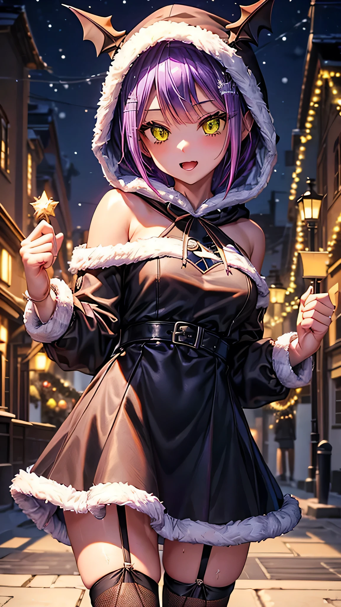 (highest quality)), ((masterpiece)), (Familiar), Perfect Face,Shiny skin,Beautiful breasts、Shiny skin、(((BLACK-purple Santa dress、mini skirt、garter、fish net tights、hoodie、fur jacket、)))、oil skin、Sweat、Off the shoulder、Double teeth 、short hair、Big Breasts、Embrace、winter、close、near、(((night)))、shooting STAR、candle、(((White unitard)))、(((Tokoyami Towa (Hololive). )))、(((Christmas)))