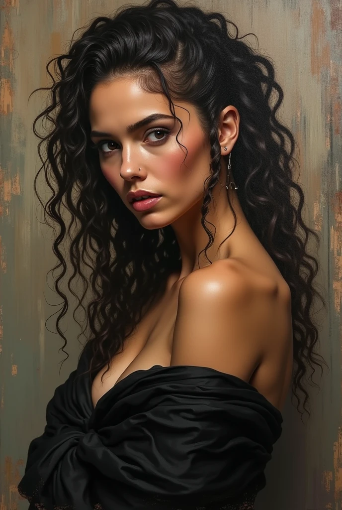 A delicate realistic oil painting depicting a naked Persian. Her elegant features are emphasizing her almond-shaped eyes and intricate, Her long, flowing hair is styled in soft, elaborate waves, standing bared feet, sexy posting, large pussy