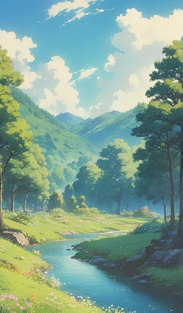 masterpiece,  anime style,  high definition ,  Natural Scenery, grassland,  Natural Scenery画, Beautiful blue sky, cloud, Wide sky, river, scenery, No_humans,