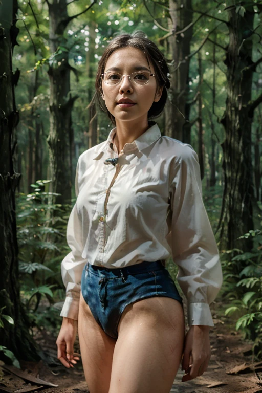 (masterpiece, highest quality), 1 girl, beautiful face, beautiful body,  wearing a Black gymnastics bloomers, High leg、white blouse,    cowboy shot、Are standing、full body portrait、alone, complex details, enlarged textures, complex details, finely detailed eyes and detailed face, intricate details, (closed mouth), perfect eyes, equal eyes, perfect body, extremely detailed, (), extremely realistic 3d,In a dark forest、Glasses