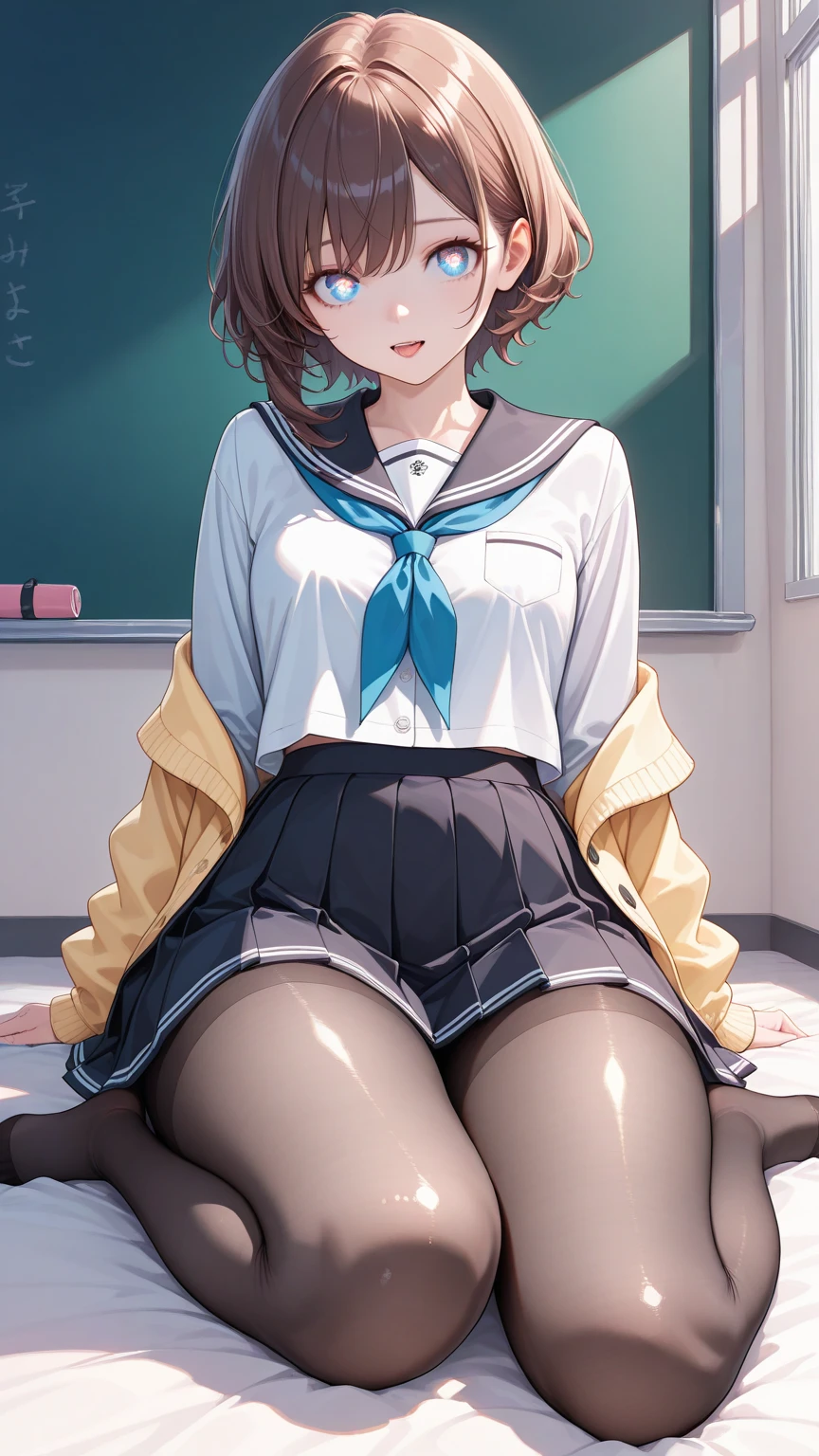 tmasterpiece，Extreme picture quality，超高分辨率，Beautiful 16 year old girl wearing Japanese school uniform，sitting on the classroom desk，legs are open，revealing white panties，in class room，early evening，Wear small leather shoes，up front view