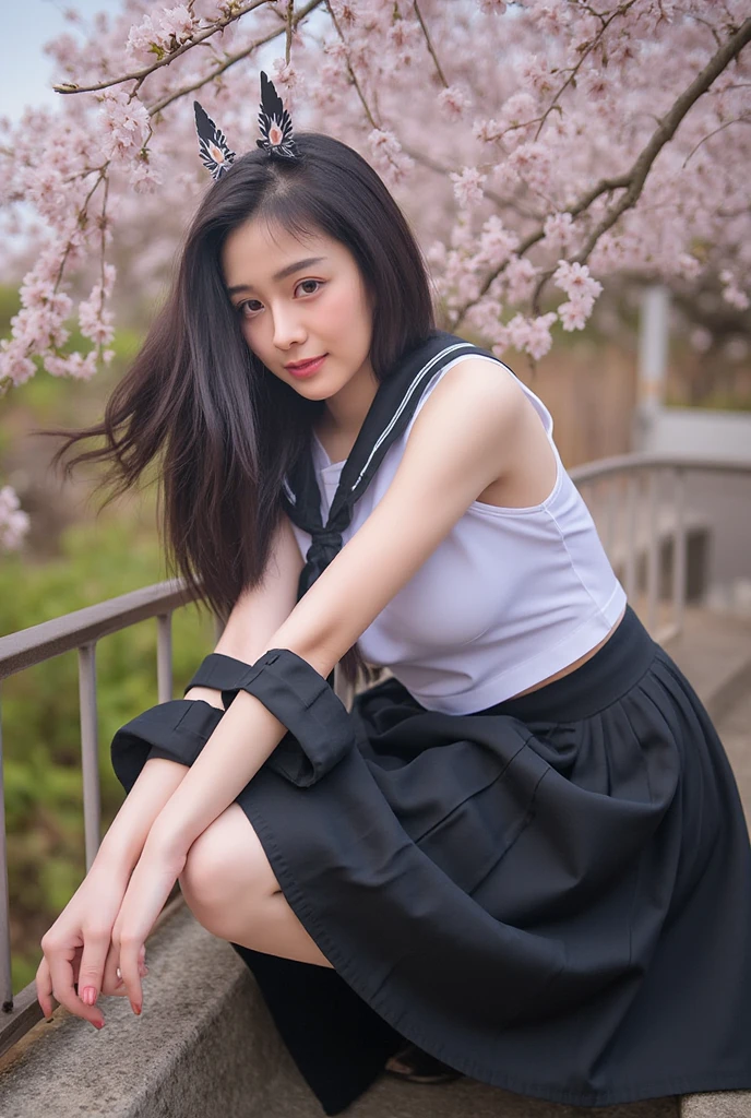 beautiful thai women,  lips, lipstick, realistic,  solo, standing, best quality, photorealistic, masterpiece, 8k, high res, solo, (((woman))), (medium breast), (Very long hair), (professional lighting, bokeh), extremely detailed face, fashionable and trendy atmosphere, japan, bridge,  sakura, sakura blossom, ((daytime)), (portrait:0.6), seductive smile, gorgeous, floating hair, (light particles, lens flare, glowing particles:0.6), (dynamic pose:1.2), soft lighting, brown hair, full body, narrow face, smile,  mask, japanese, gothic, heterochromia eye, purple left eye, blue right eye, beroba, black hair with highlight, nail_polish, pink_nails,