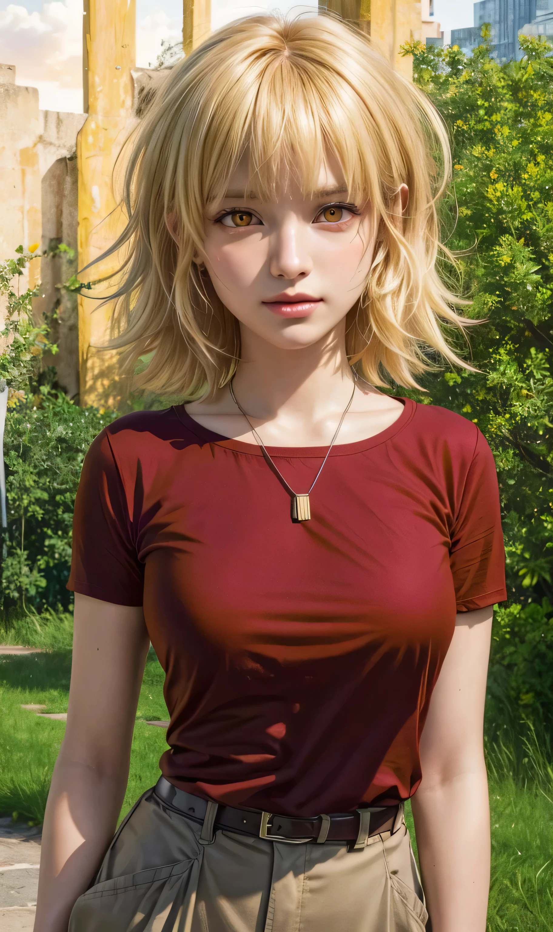 masterpiece, best quality, (realistic,photo-realistic:1.4), (RAW photo:1.2), extremely detailed CG unity 8k wallpaper, delicate and beautiful, amazing,finely detail, official art, absurdres, incredibly absurdres, huge filesize, ultra-detailed,extremely detailed eyes and face,light on face,cagalli,(little smile),(blonde hair:1.4),(short hair:1.4),(red t-shirt:1.5),nature background, blunt bangs,brown pants,belt,necklace,sunset,(yellow eyes:1.5)