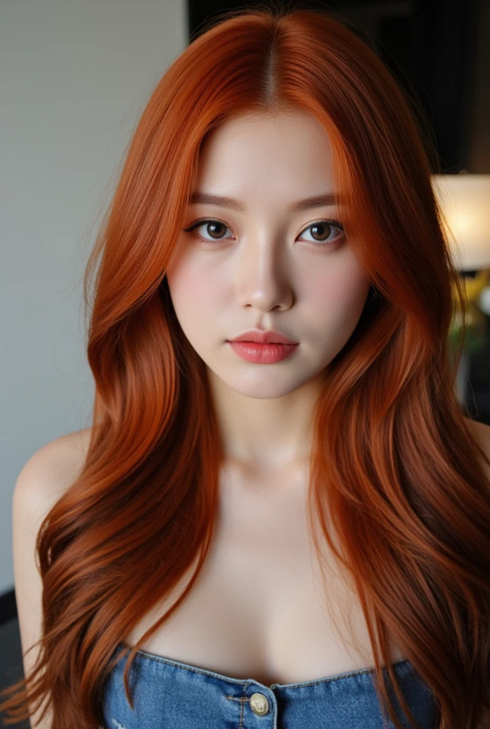 a close-up of a redhead woman and a denim dress, sun yunjoo, She has long redorange, jossi de blackpink, heonhwa choe, she has long orange brown hair, dilraba dilmurat, Lalisa Manobal, roseanne park of blackpink, Parque Ji-min, Xintong Chen, She has red hair