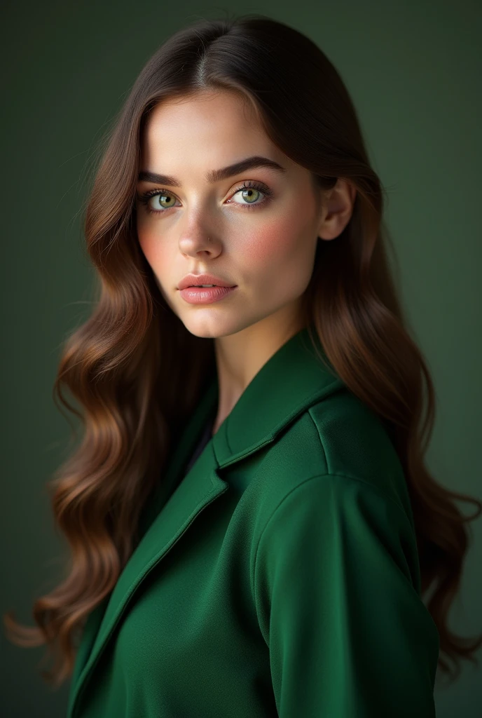 Cassady McClincy, 18 anos , com cabelo long bob PRETO, olhos verdes vivos e puxados, dress in white suit and DISCREET tailoring pants , cabelos longos castanhos,close-up