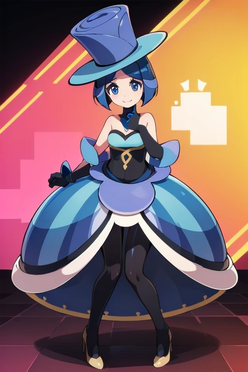 AAEVELYN,EYELASHES,BLUE EYES,BLUE HAIR,SHORT HAIR,MIDDLE PART,TOP HAT,DRESS,BLACK GLOVES,ELBOW GLOVES,BLACK PANTYHOSE,HIGH HEELS, 1girl, solo, facing viewer, looking at viewer, smile, full body , full body art , teenage girl